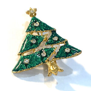 Vintage christmas tree brooch gold & green enamel pin festive holiday rhinestone